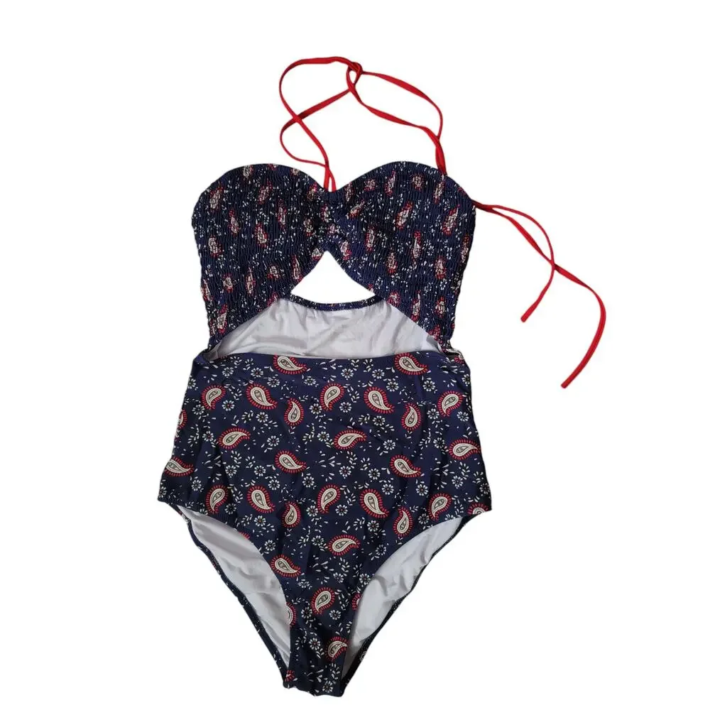 Cupshe‎ one piece swimsuit Paisley cut out halter navy blue red size medium